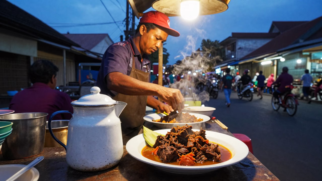 Twilight Street Scene in Yogyakarta Indonesia with Beef Rendang and Enamel Pitcher in in Yogyakarta, Indonesia