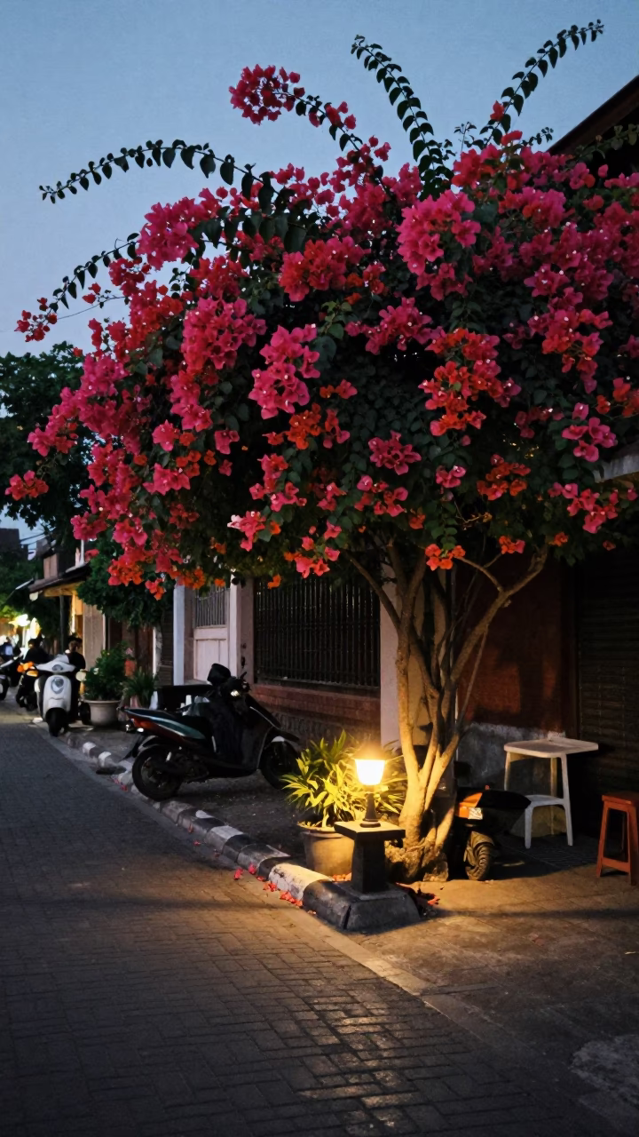 Twilight Street Scene in Yogyakarta Indonesia with Bougainvillea and Lamp Light in in Yogyakarta, Indonesia