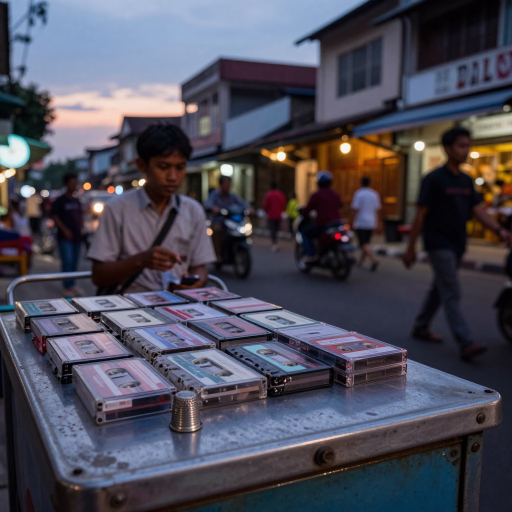 Twilight Street Scene in Yogyakarta Indonesia with Cassette Tapes and Thimble in in Yogyakarta, Indonesia