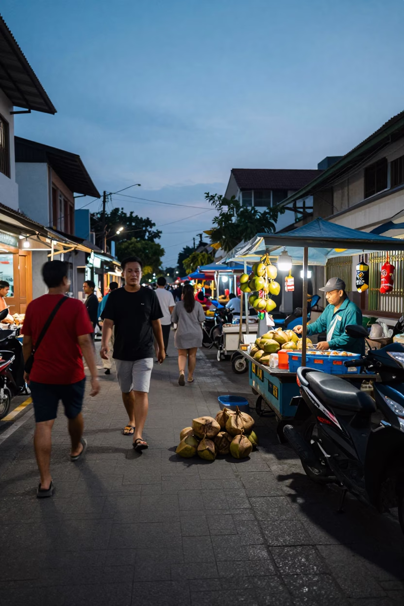 Twilight Street Scene in Yogyakarta Indonesia with Coconuts and Local Vendor in in Yogyakarta, Indonesia