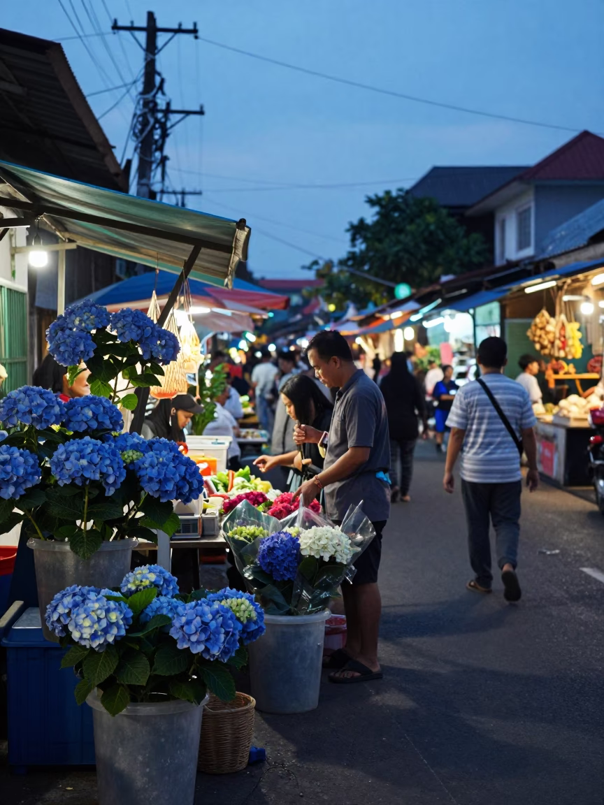 Twilight Street Scene in Yogyakarta Indonesia with Hydrangeas and Local Market Activity in in Yogyakarta, Indonesia