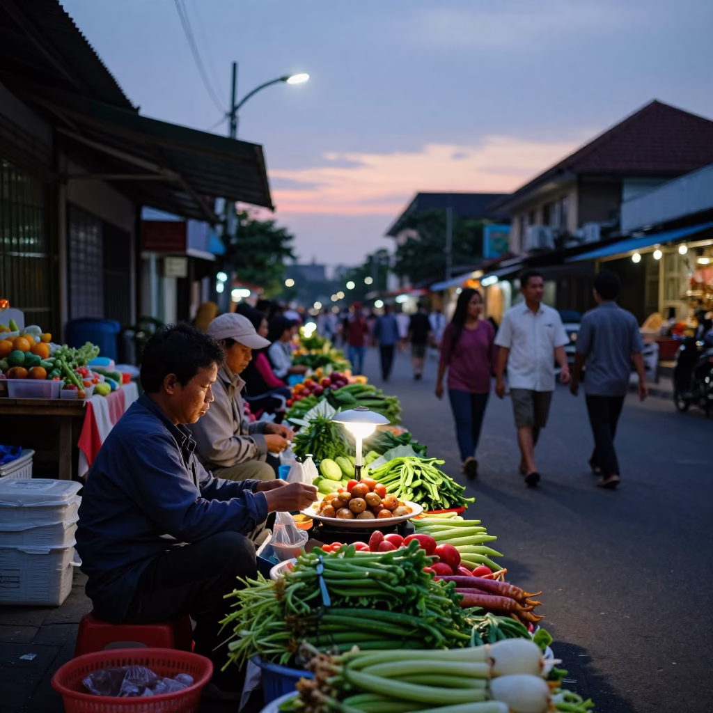 Twilight Street Scene in Yogyakarta Indonesia with Local Vendor and Gado Gado in in Yogyakarta, Indonesia