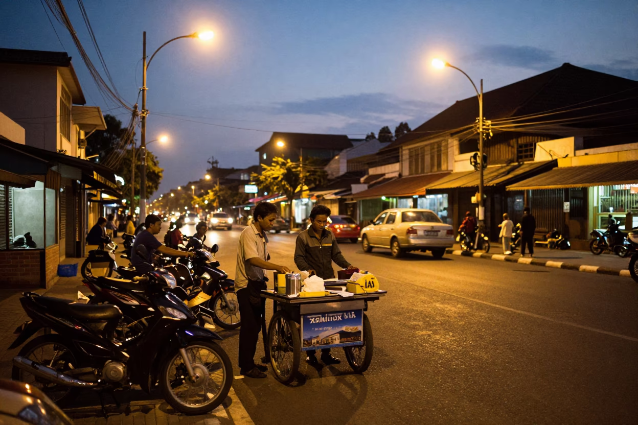 Twilight Street Scene in Yogyakarta Indonesia with Local Vendor and Motorbikes in in Yogyakarta, Indonesia