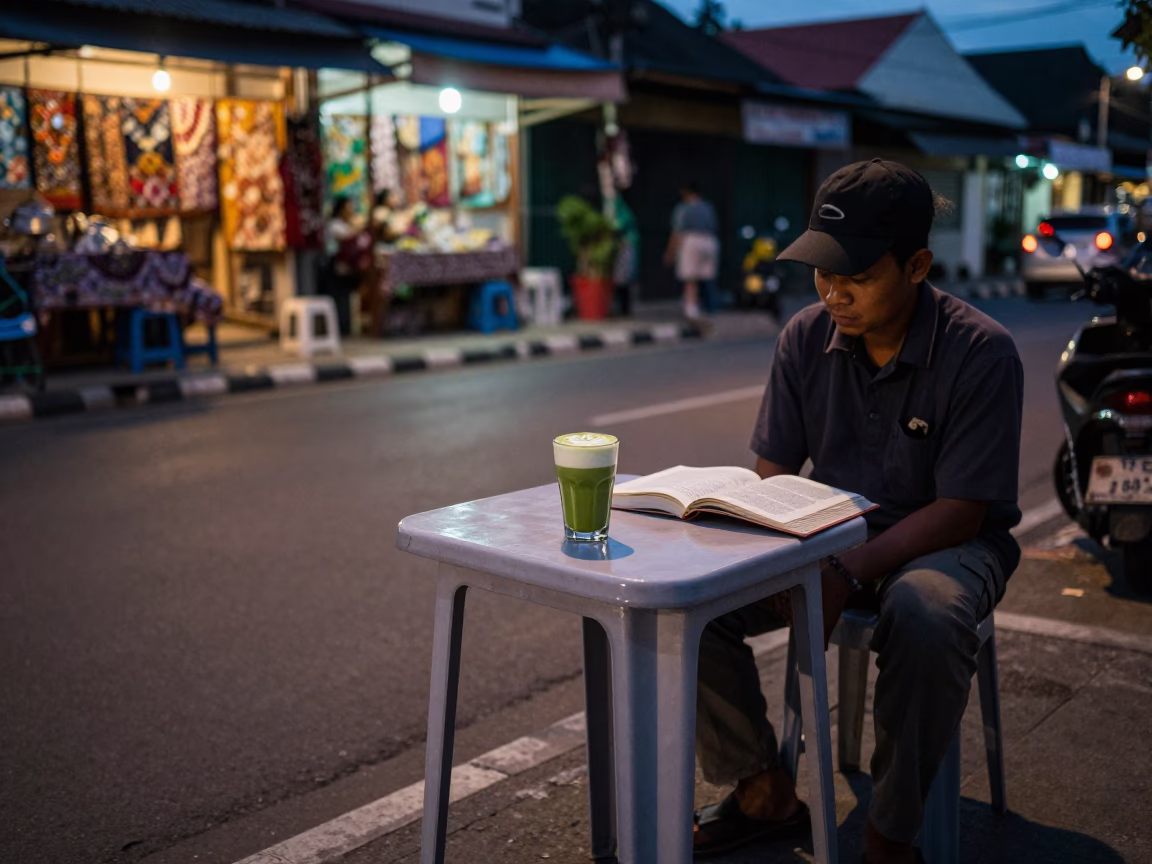 Twilight Street Scene in Yogyakarta Indonesia with Matcha Latte and Book Light in in Yogyakarta, Indonesia