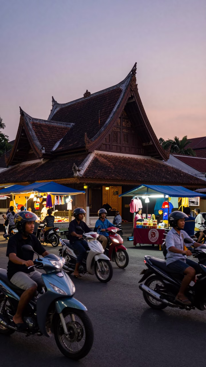 Twilight street scene in Yogyakarta Indonesia with motorbikes and street vendors in in Yogyakarta, Indonesia