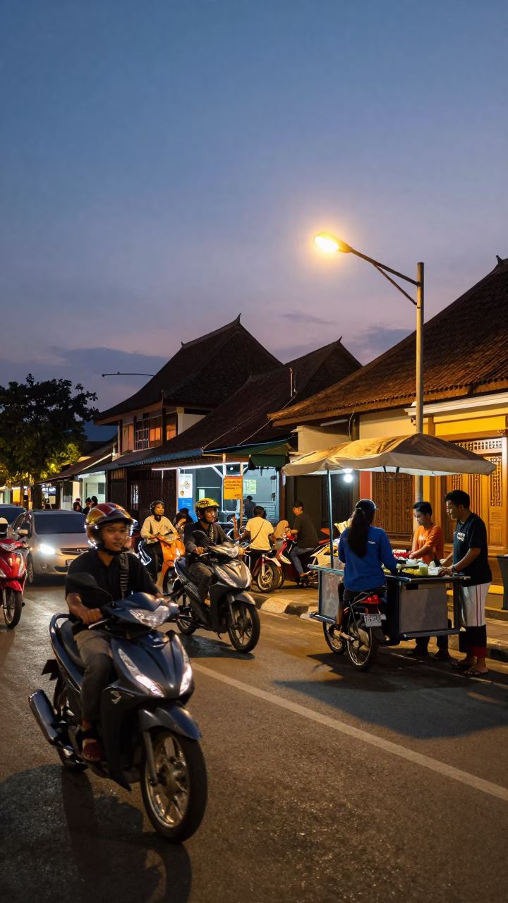 Twilight Street Scene in Yogyakarta Indonesia with Motorcycles and Traditional Architecture in in Yogyakarta, Indonesia