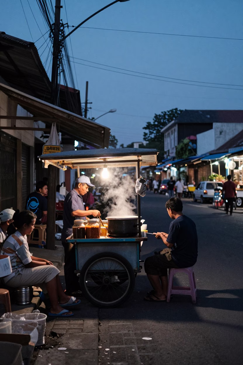 Twilight street scene in Yogyakarta Indonesia with spice jars and local vendor in in Yogyakarta, Indonesia