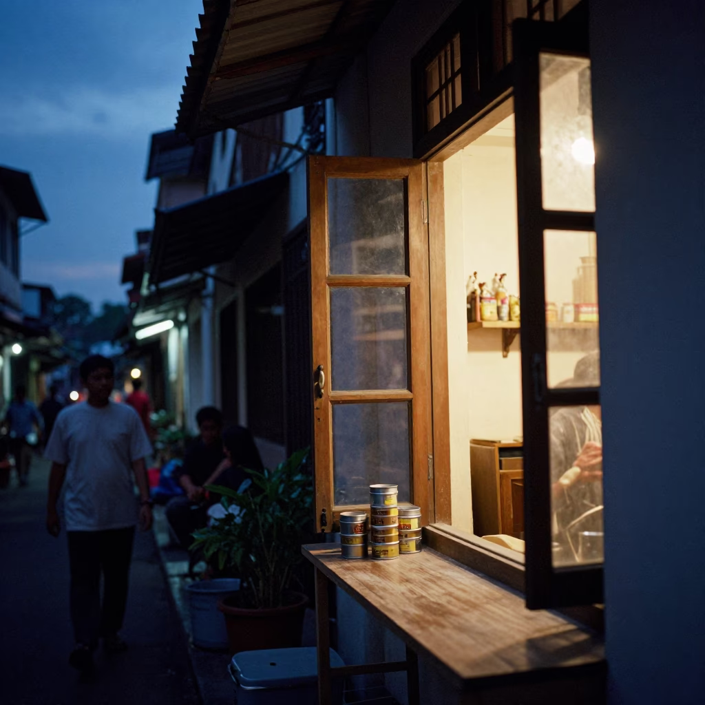 Twilight Street Scene in Yogyakarta Indonesia with Tea Tin and Window Light in in Yogyakarta, Indonesia