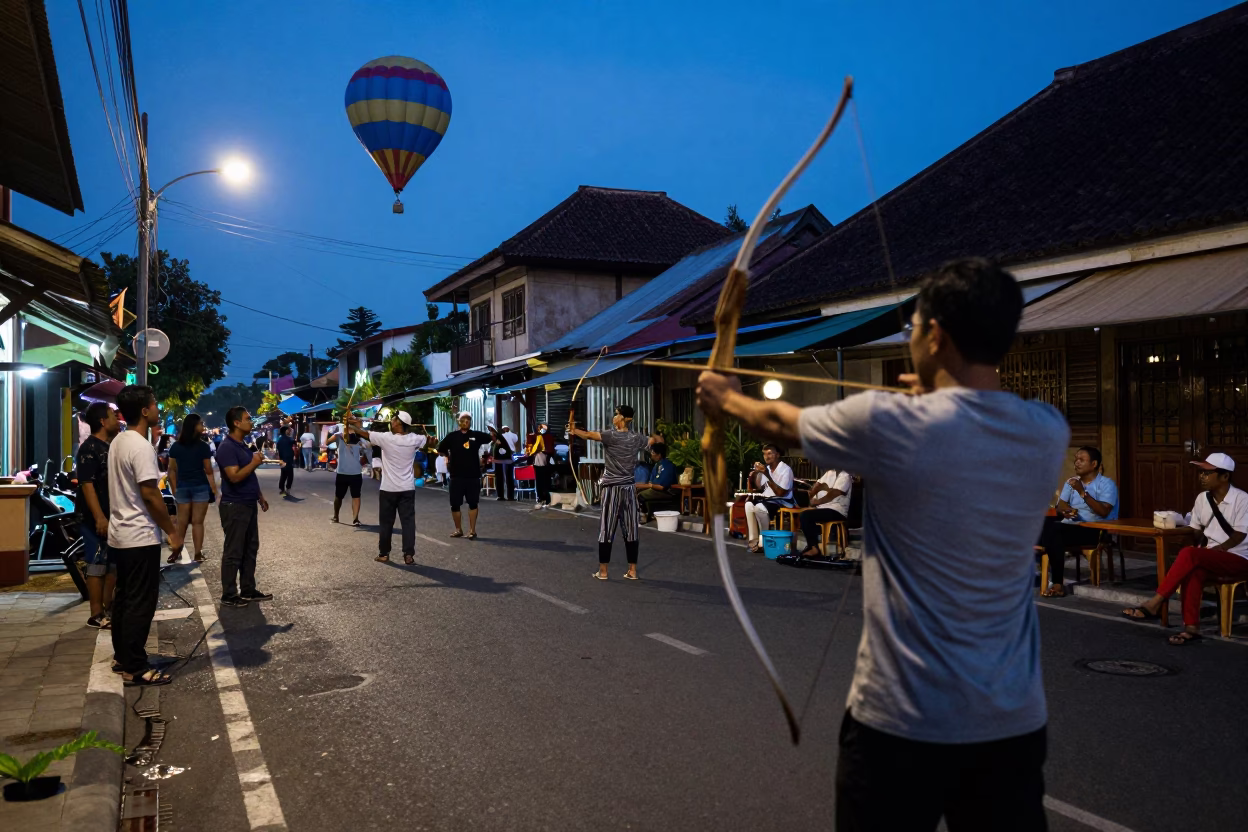 Twilight Street Scene in Yogyakarta Indonesia with Traditional Archery and Local Life in in Yogyakarta, Indonesia