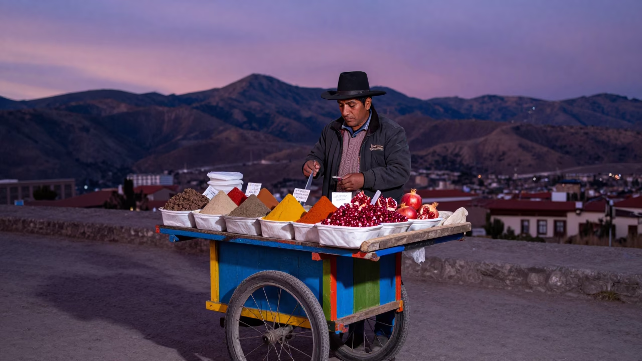 Twilight Street Vendor in La Paz Bolivia Selling Spices and Pomegranate Slices in in La Paz, Bolivia
