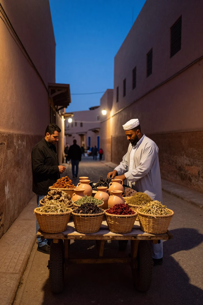 Twilight Street Vendor in Marrakech With Woven Baskets And Dried Herbs in in Marrakech, Morocco