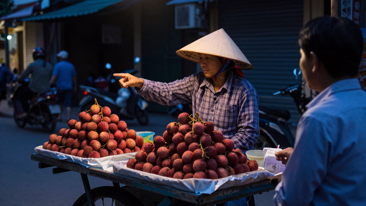 Twilight Street Vendor Selling Fresh Fruit in Hanoi Vietnam Urban Life in in Hanoi, Vietnam