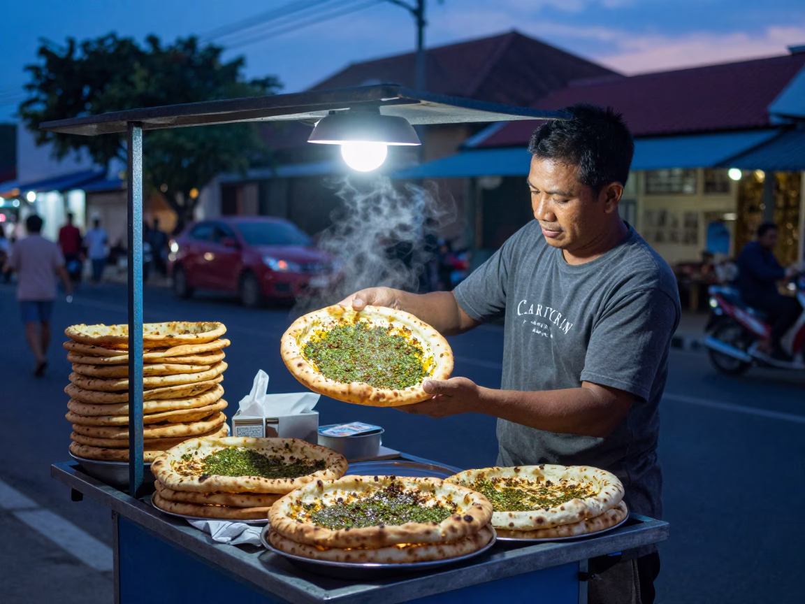 Twilight street vendor selling manakeesh with zaatar in Denpasar Bali Indonesia in in Denpasar, Indonesia