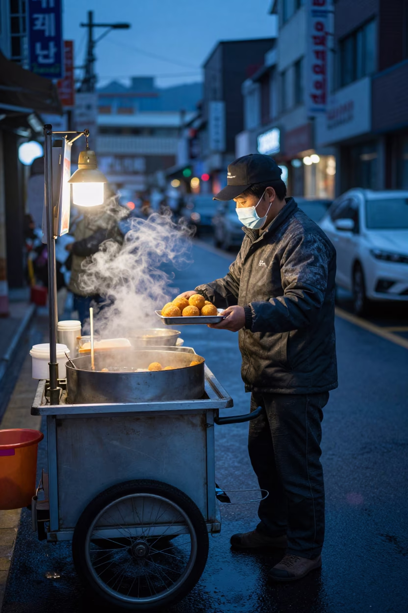 Twilight Street Vendor Selling Steaming Arancini in Seoul South Korea in in Seoul, South Korea