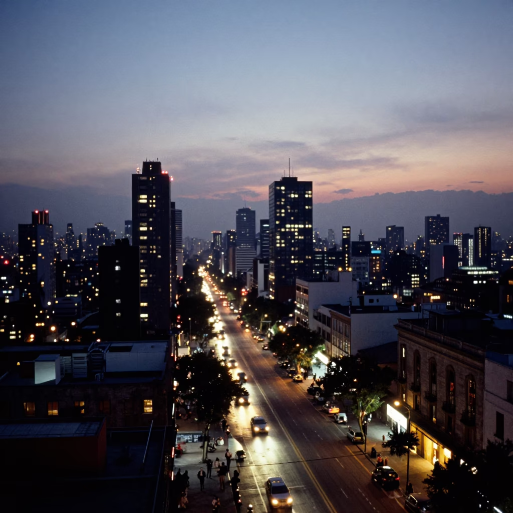 Twilight Streetscape in Mexico City at As City Lights Begin To Glow in in Mexico City, Mexico