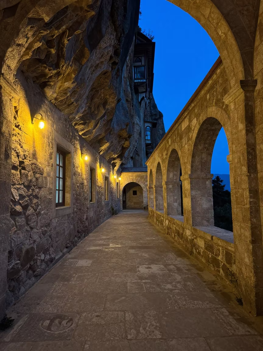 Twilight String Lights in Kastamonu Monastery Cloister in inside a quiet cloister passage in Kastamonu