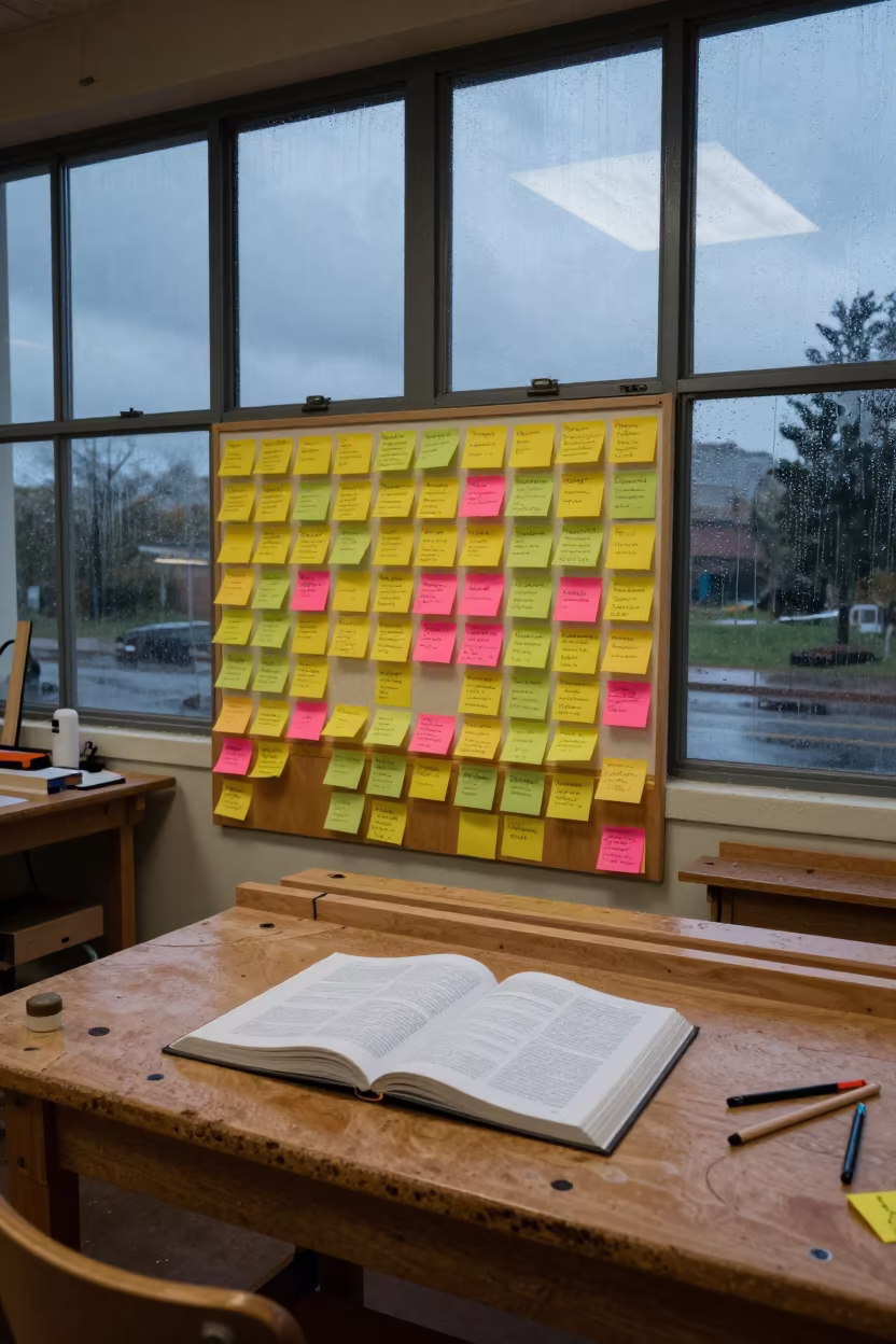 Twilight Study Carrel with Sticky Notes in Woodshop in in a woodshop classroom near St George's
