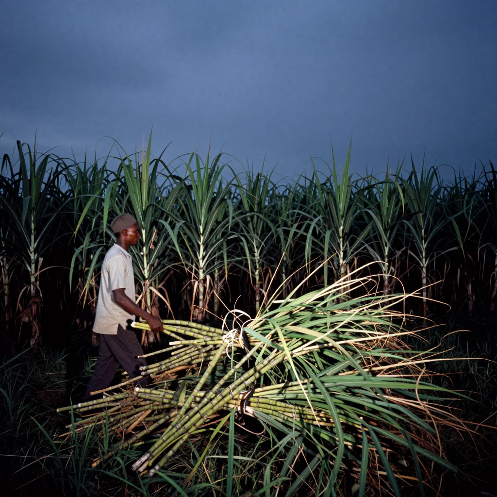 Twilight Sugar Cane Fields in Durban South Africa with Local Farmer Harvesting in in Durban, South Africa