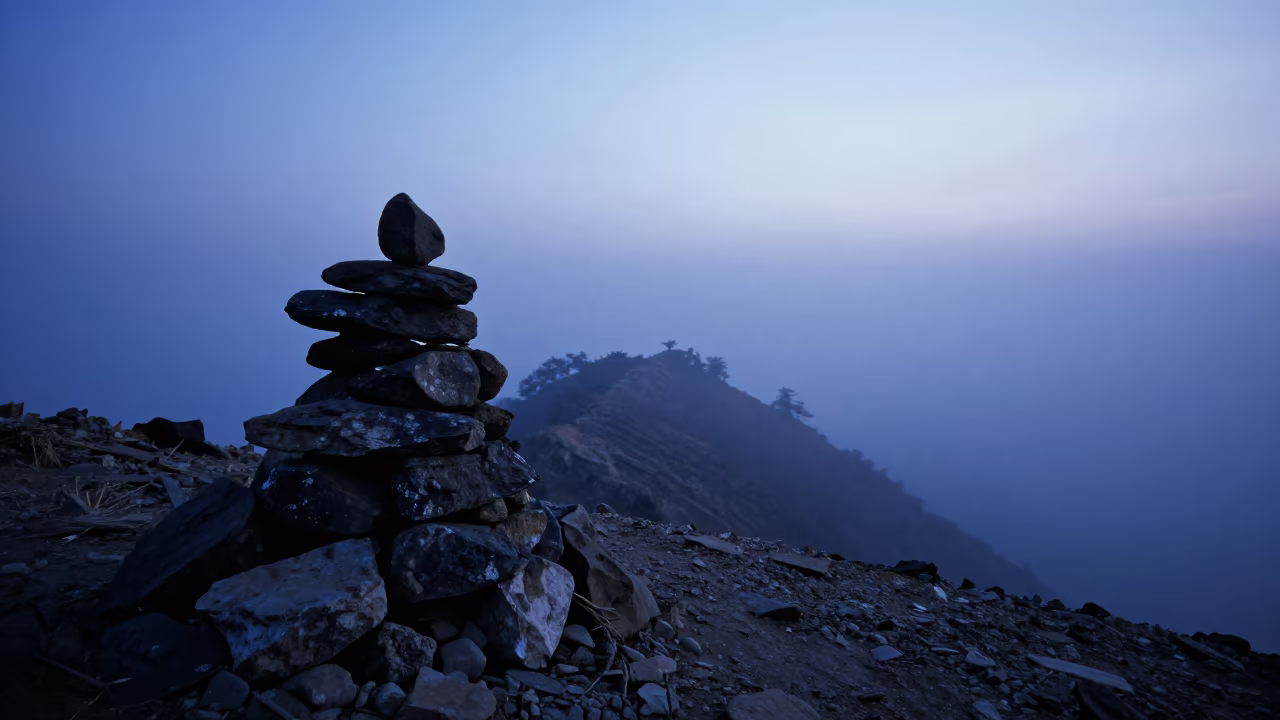 Twilight Summit Cairn Over Winter Smog Kathmandu in beside a summit cairn above the tree line near Kathmandu