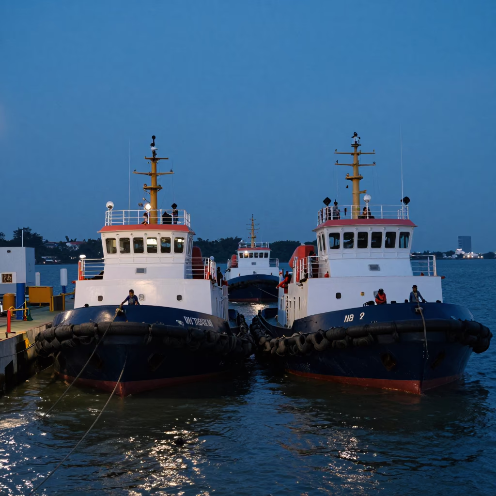 Twilight Surabaya Indonesia Tugboat Fleet Guiding Tanker at Port in in Surabaya, Indonesia