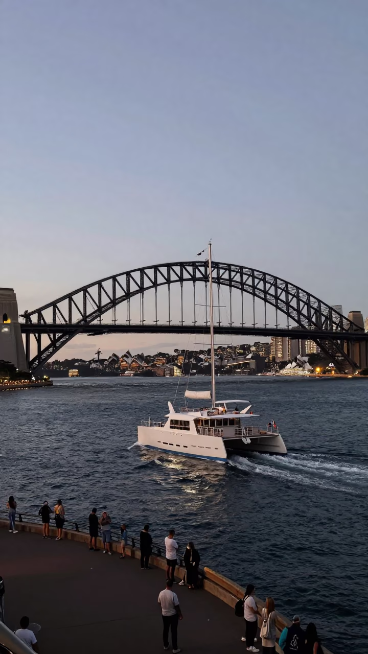 Twilight Sydney Harbour Bridge Catamaran and Urban Waterfront Activity in in Sydney, New South Wales, Australia