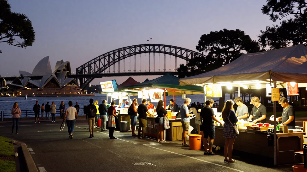 Twilight Sydney Street Scene with Kitchen Tongs and Local Interaction in in Sydney, New South Wales, Australia