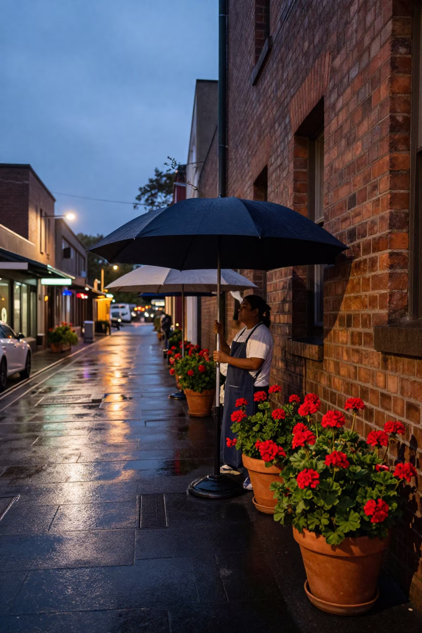 Twilight Sydney Street Scene with Umbrellas and Geraniums in in Sydney, New South Wales, Australia