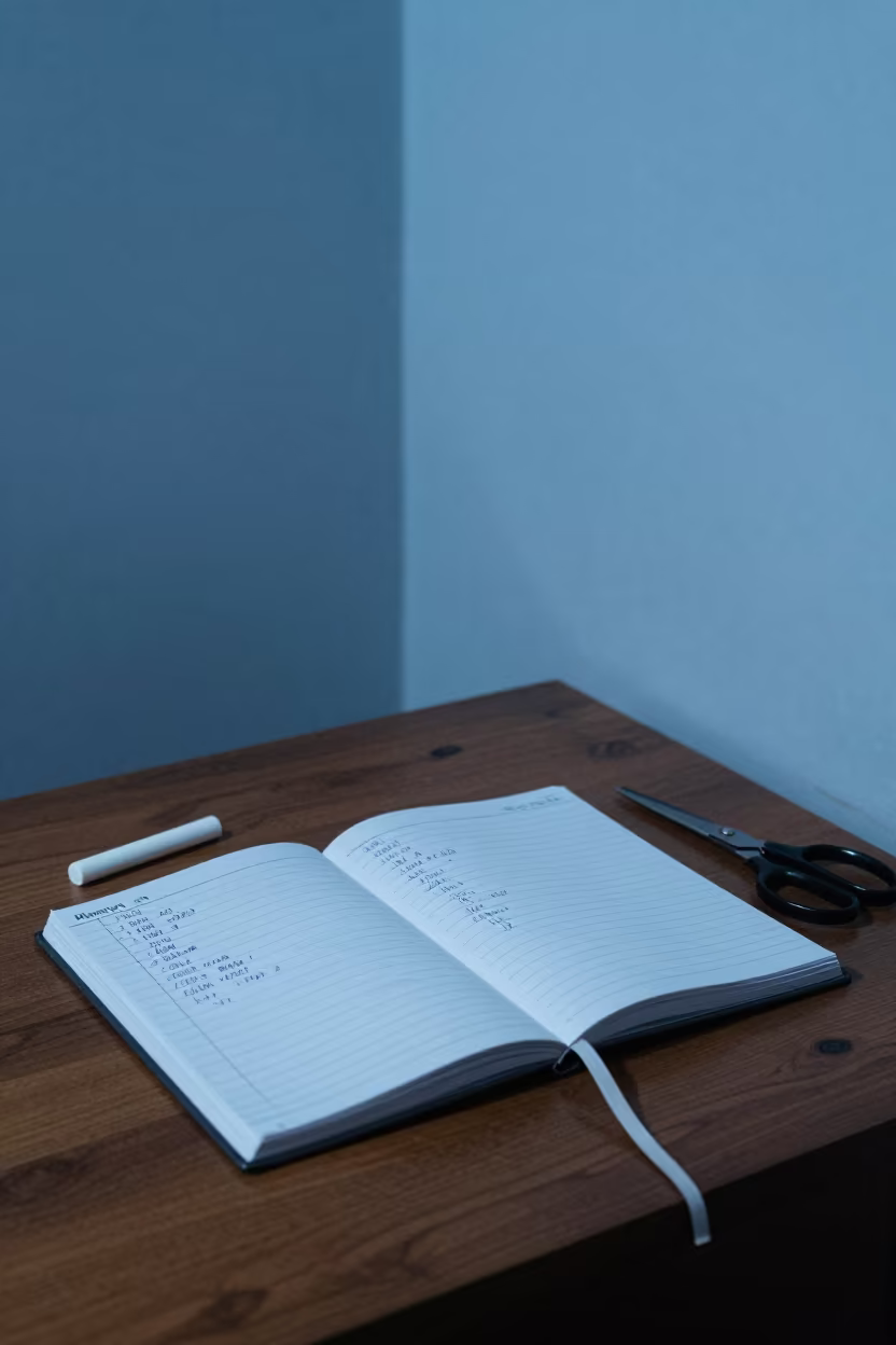 Twilight Tailor Notebook with Chalk and Shears in at a tailoring table strewn with chalk and shears in Bahawalnagar