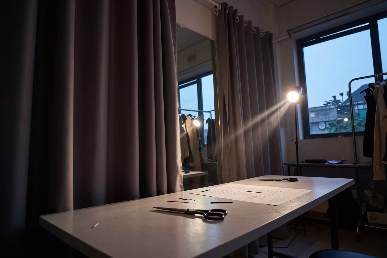 Twilight Tailoring in Chittagong Mirrors in at a tailoring table strewn with chalk and shears in Chittagong