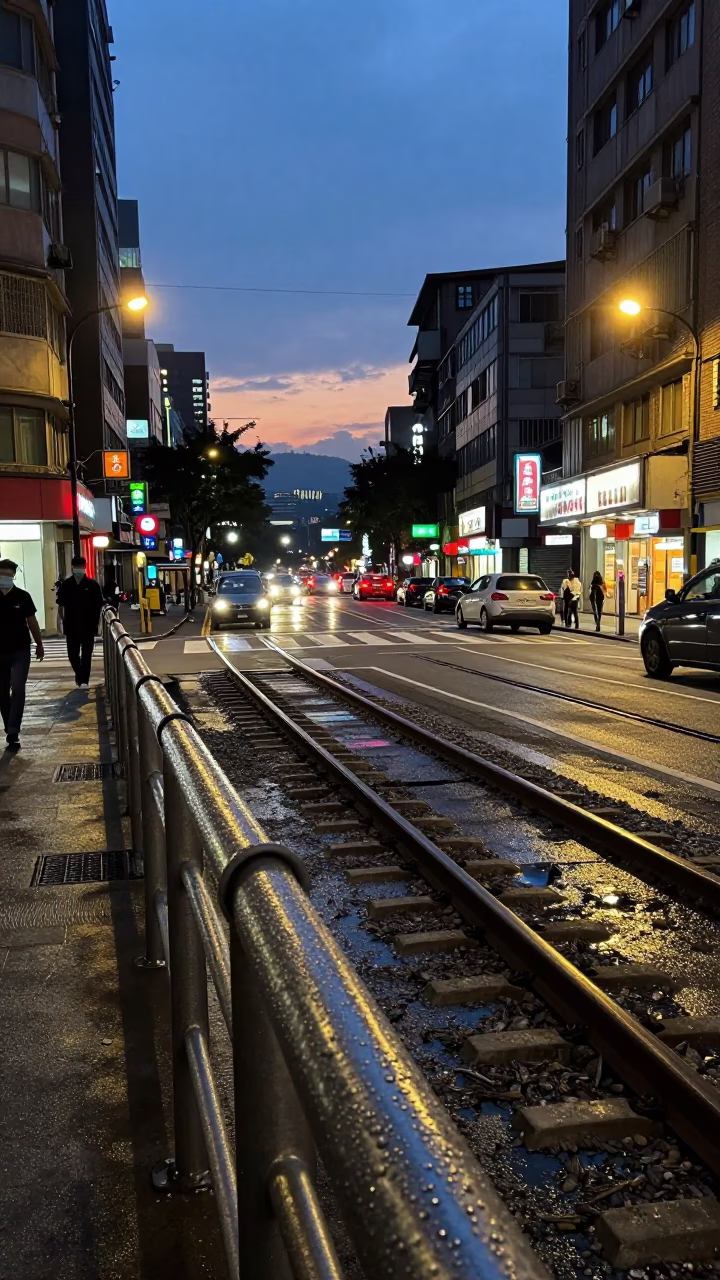 Twilight Taipei Street Scene with Condensation on Rail and Succulents in in Taipei, Taiwan