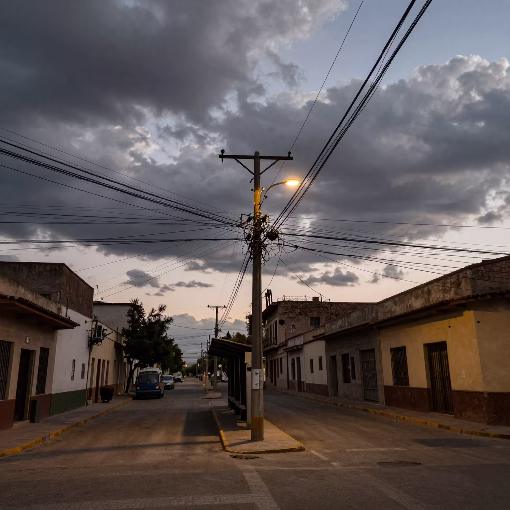 Twilight Tangle Power Lines Above Fresnillo Tram Stop in at a tram stop in Fresnillo