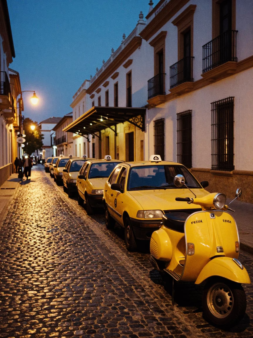 Twilight Taxi Rank and Vintage Vespa on Granada Cobblestone Lane Near Alhambra in in Granada, Spain