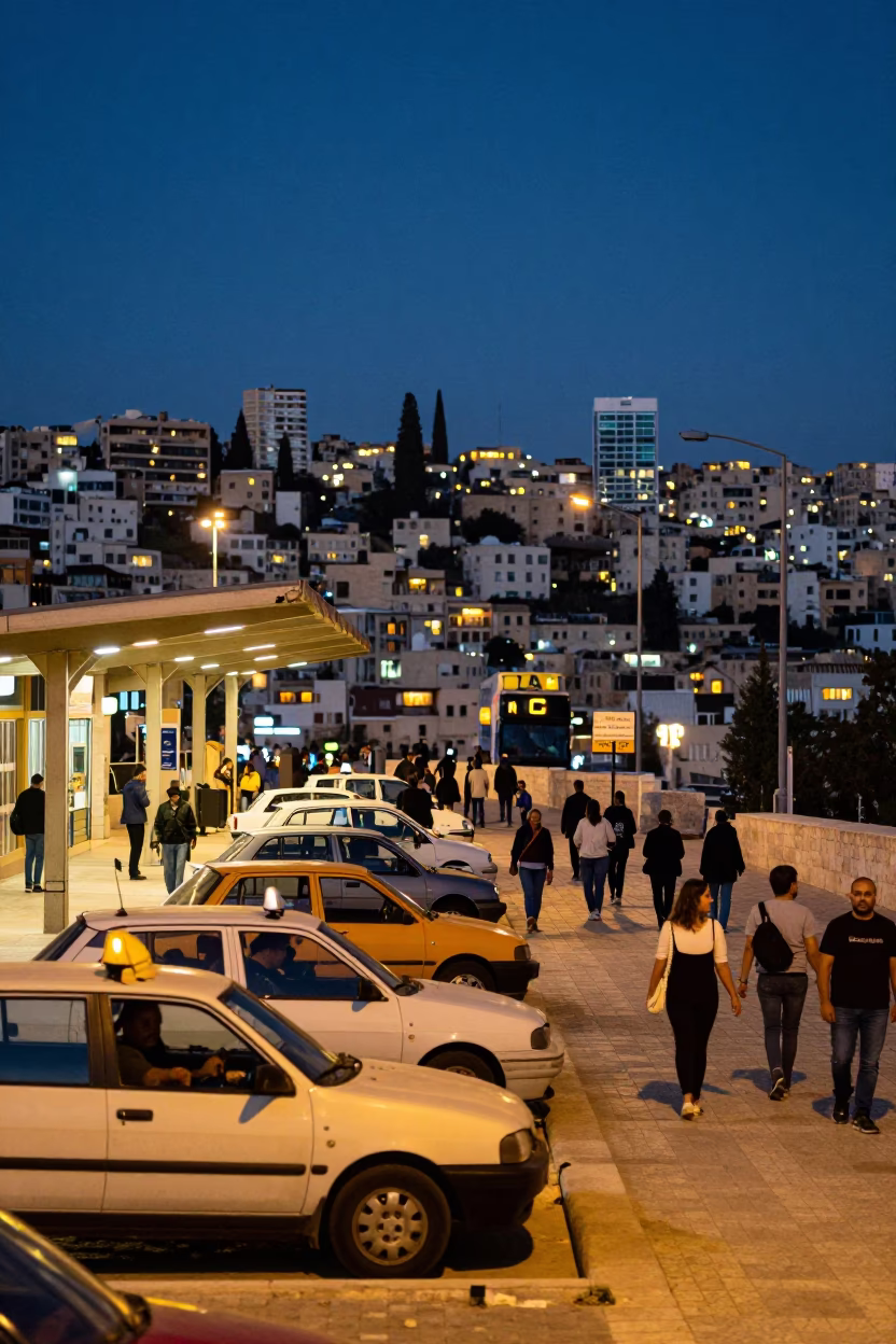 Twilight Taxi Rank Outside Amman Train Station with City Lights Glowing in in Amman, Jordan