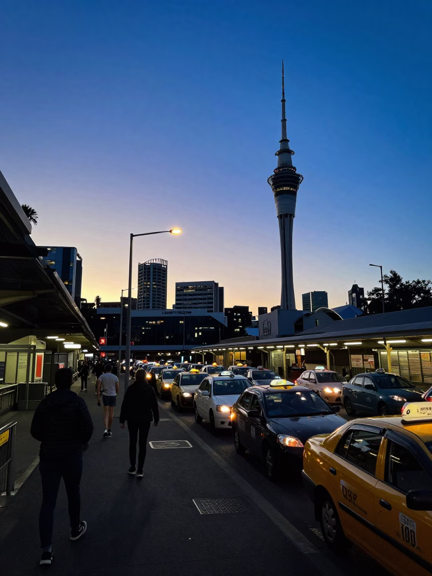 Twilight Taxi Rank Outside Auckland Railway Station with Pedestrians and City Lights in in Auckland, New Zealand