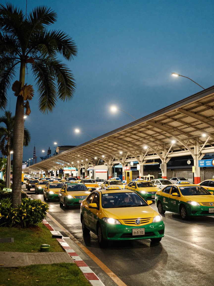 Twilight Taxi Rank Outside Bangkok Train Station with Palm Trees in in Bangkok, Thailand