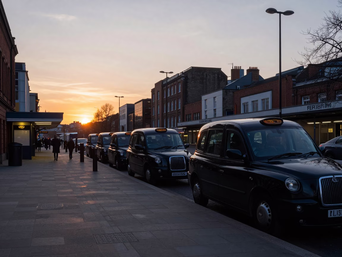 Twilight Taxi Rank Outside Bristol Train Station with Urban Street Life in in Bristol, United Kingdom