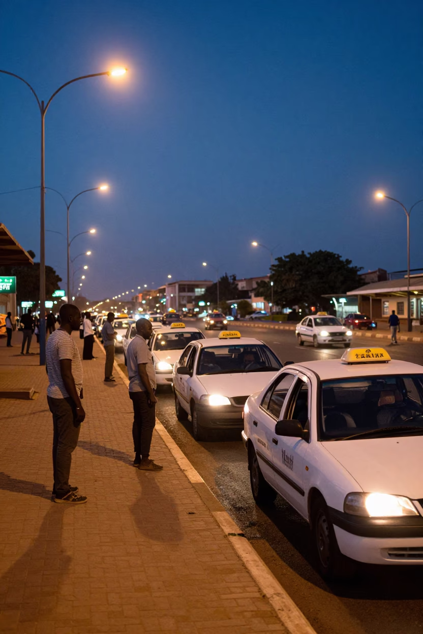 Twilight Taxi Rank Outside Dakar Train Station with Workers and Wet Mortar in in Dakar, Senegal