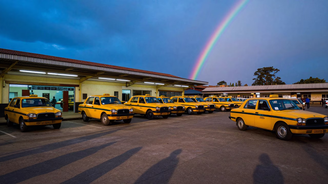 Twilight Taxi Rank Outside Nairobi Train Station with Rainbow Eucalyptus and Evening Light in in Nairobi, Kenya