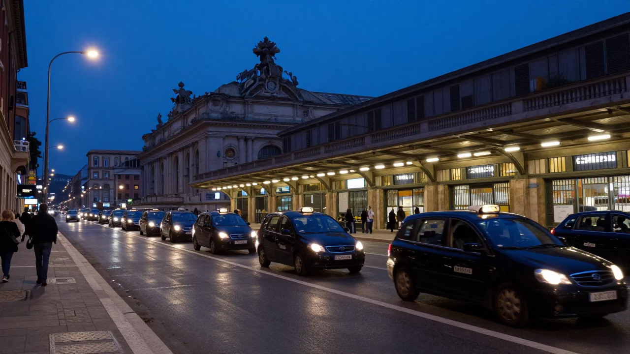 Twilight Taxi Rank Outside Rome Termini Station with Cobalt Sky and Urban Infrastructure in in Rome, Italy