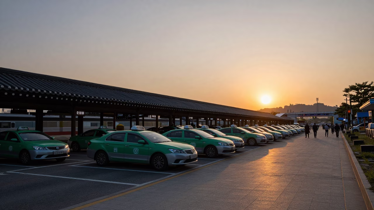 Twilight Taxi Rank Outside Seoul Train Station with Traditional Korean Architecture and Evening Light in in Seoul, South Korea