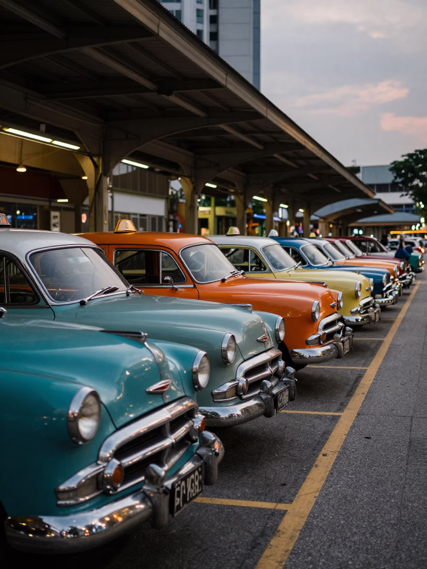 Twilight Taxi Rank Outside Singapore Train Station With Vintage Cars And Pedestrians in in Singapore, Singapore