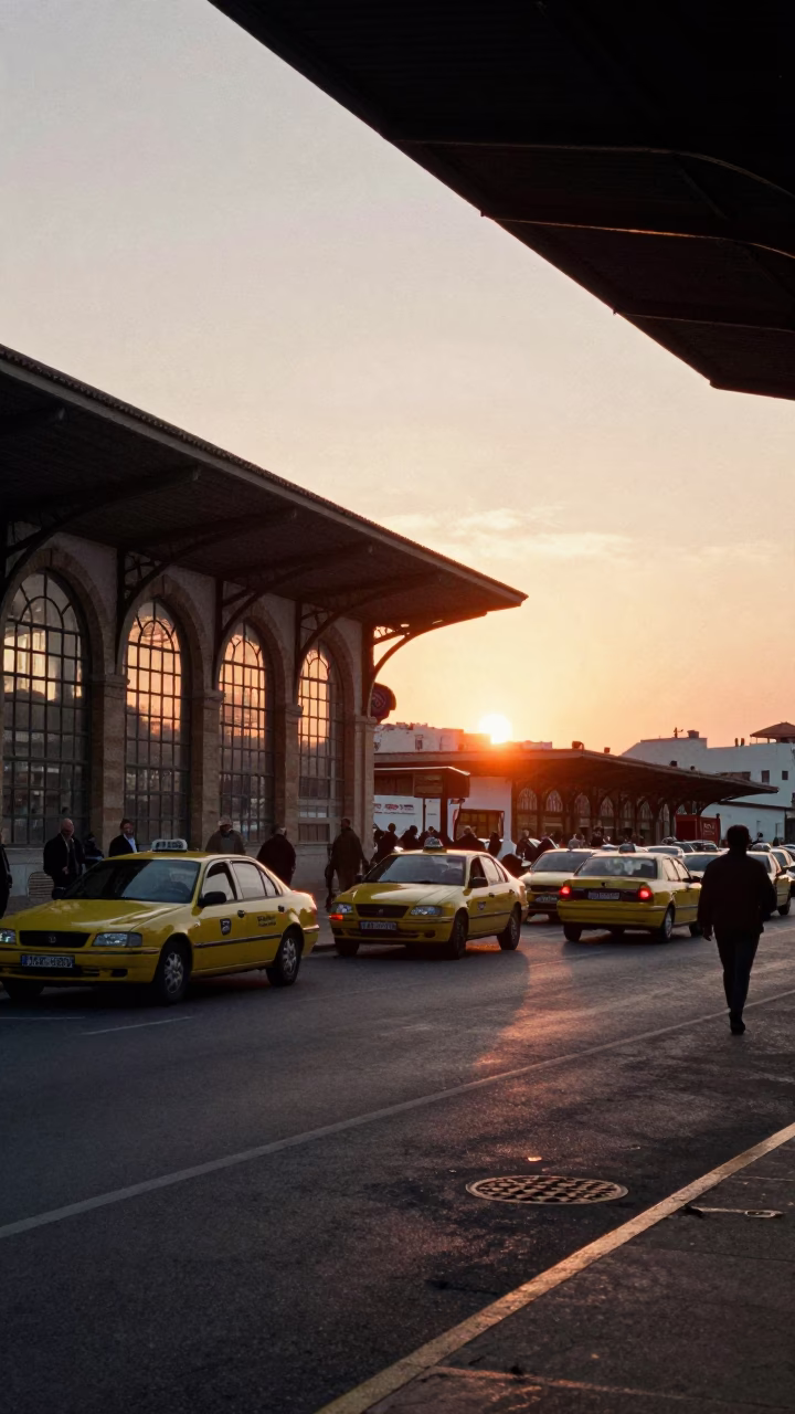 Twilight Taxi Rank Outside Tunis Train Station with Arched Roof and Scooter in in Tunis, Tunisia