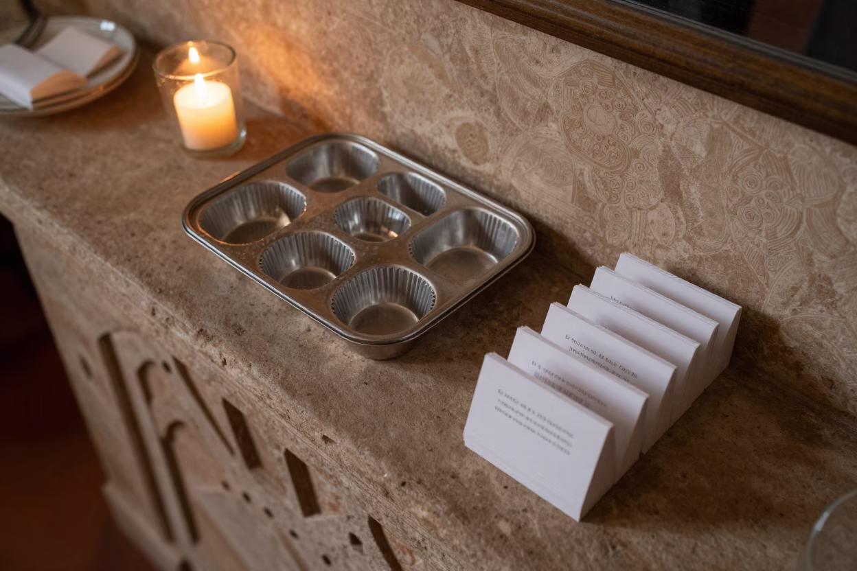 Twilight Tea Setup with Muffin Tin in Verona in on a stone ledge in Verona