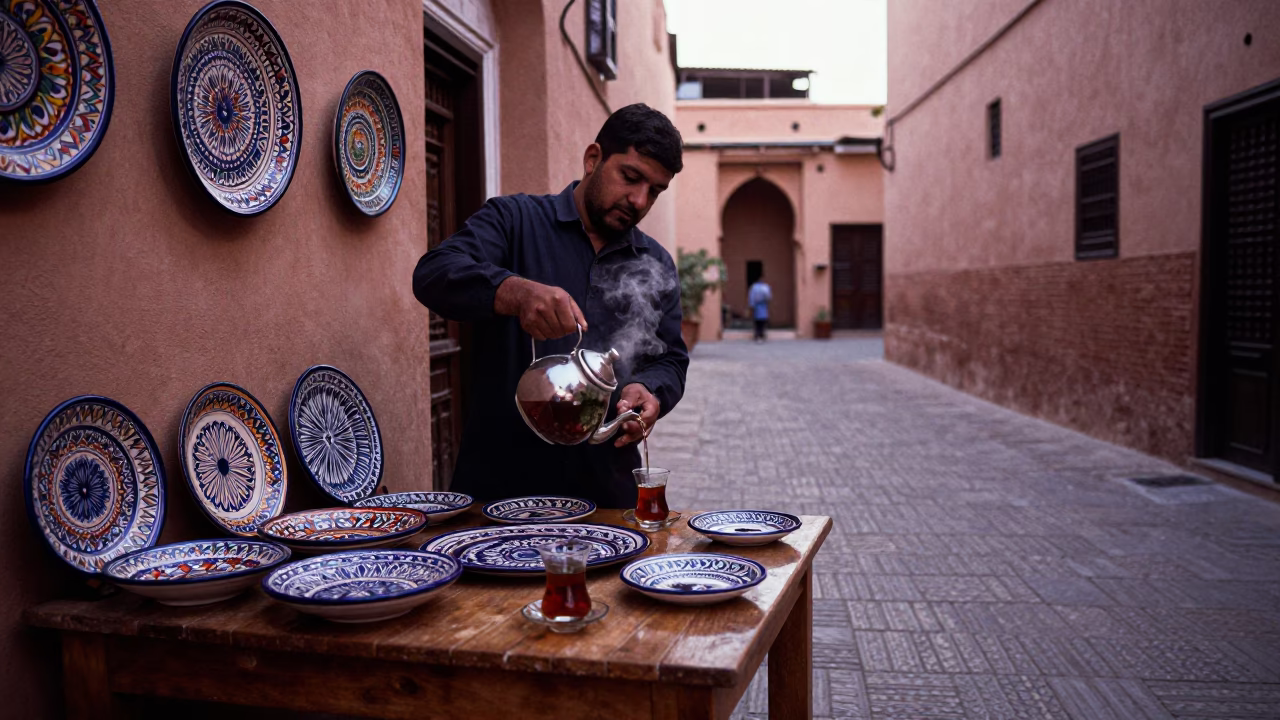 Twilight Tea Service in Marrakech Medina with Majolica Plates and Brass Teapot in in Marrakech, Morocco