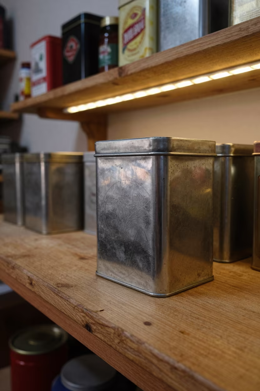 Twilight Tea Tin on Plovdiv Workbench in on a wooden workbench in Plovdiv