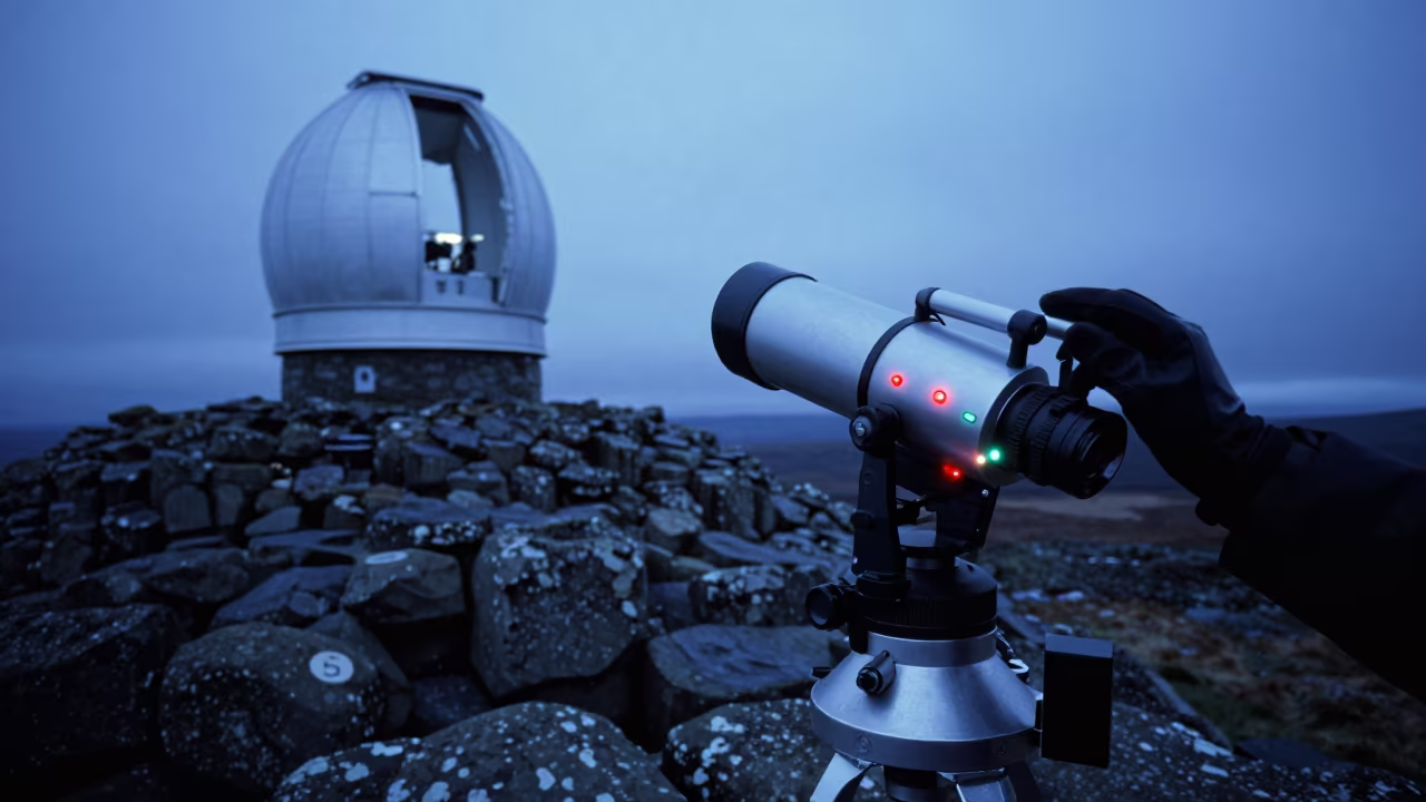 Twilight Telescope Calibration on Northern Ireland Outcrop in along a rocky geology outcrop in Northern Ireland
