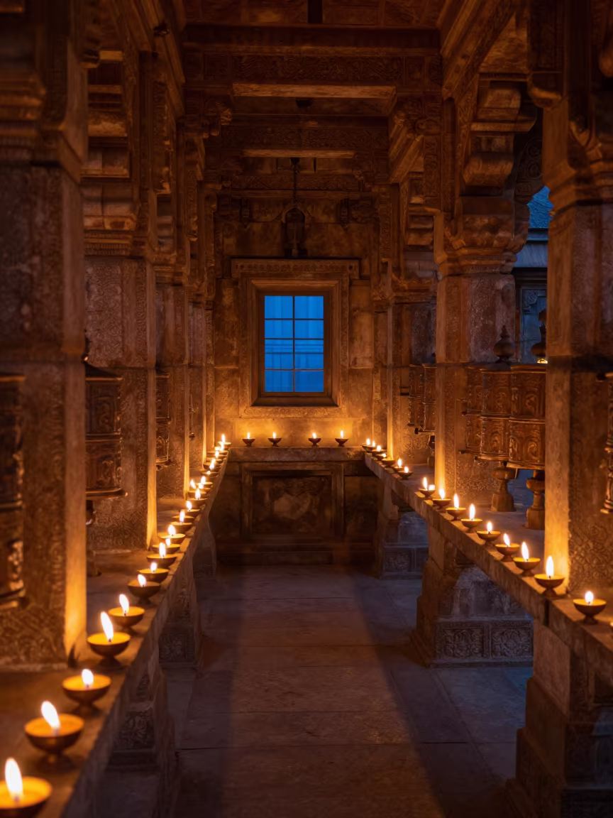Twilight Temple Corridor with Flickering Oil Lamps in beside a prayer wheel corridor in Ludhiana