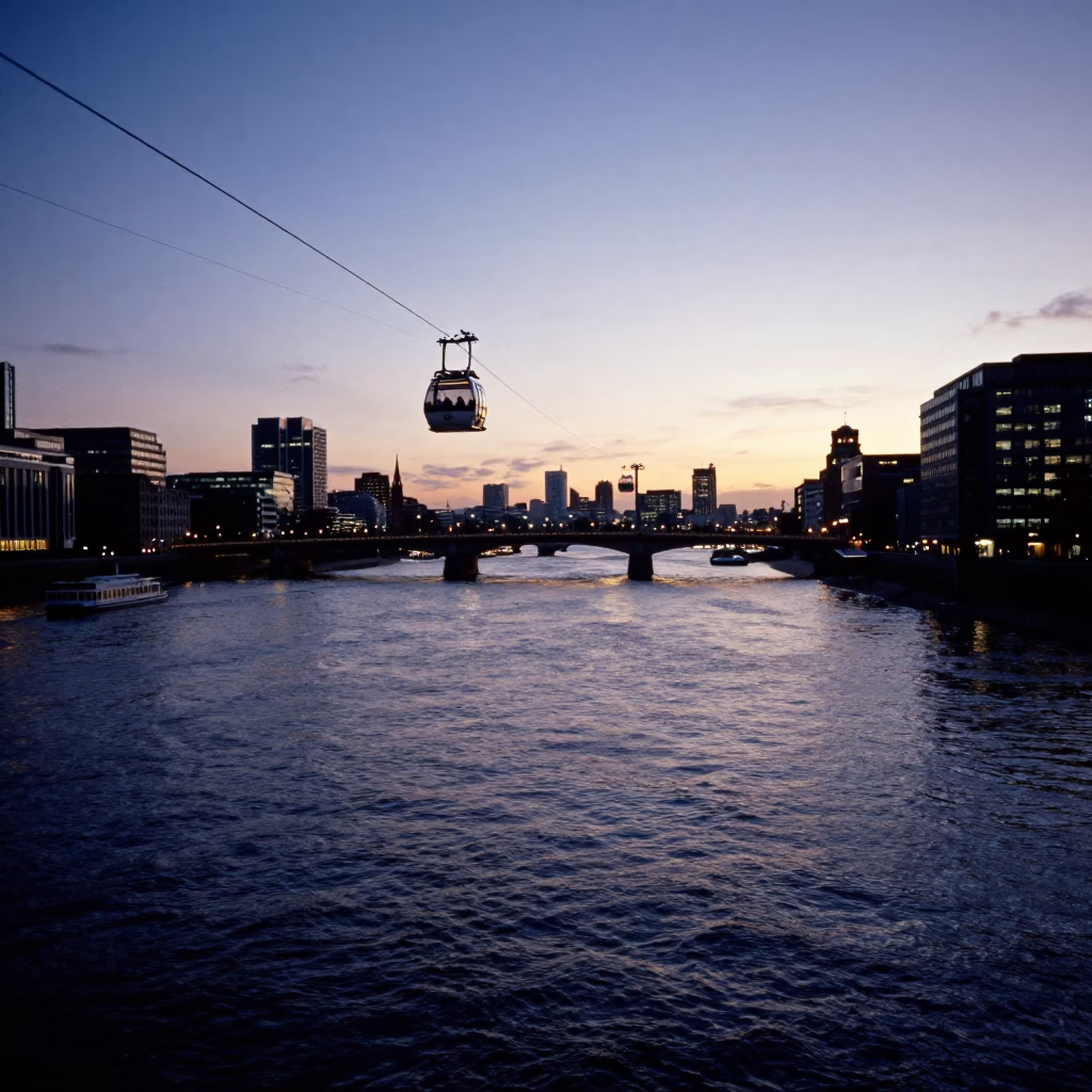 Twilight Thames River Scene with Cable Car and Steamship in London in in London, United Kingdom