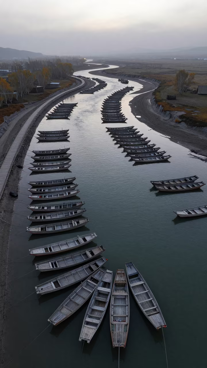 Twilight Tidal Maze Fishing Boats Mongolia in along a switchback approach in Mongolia