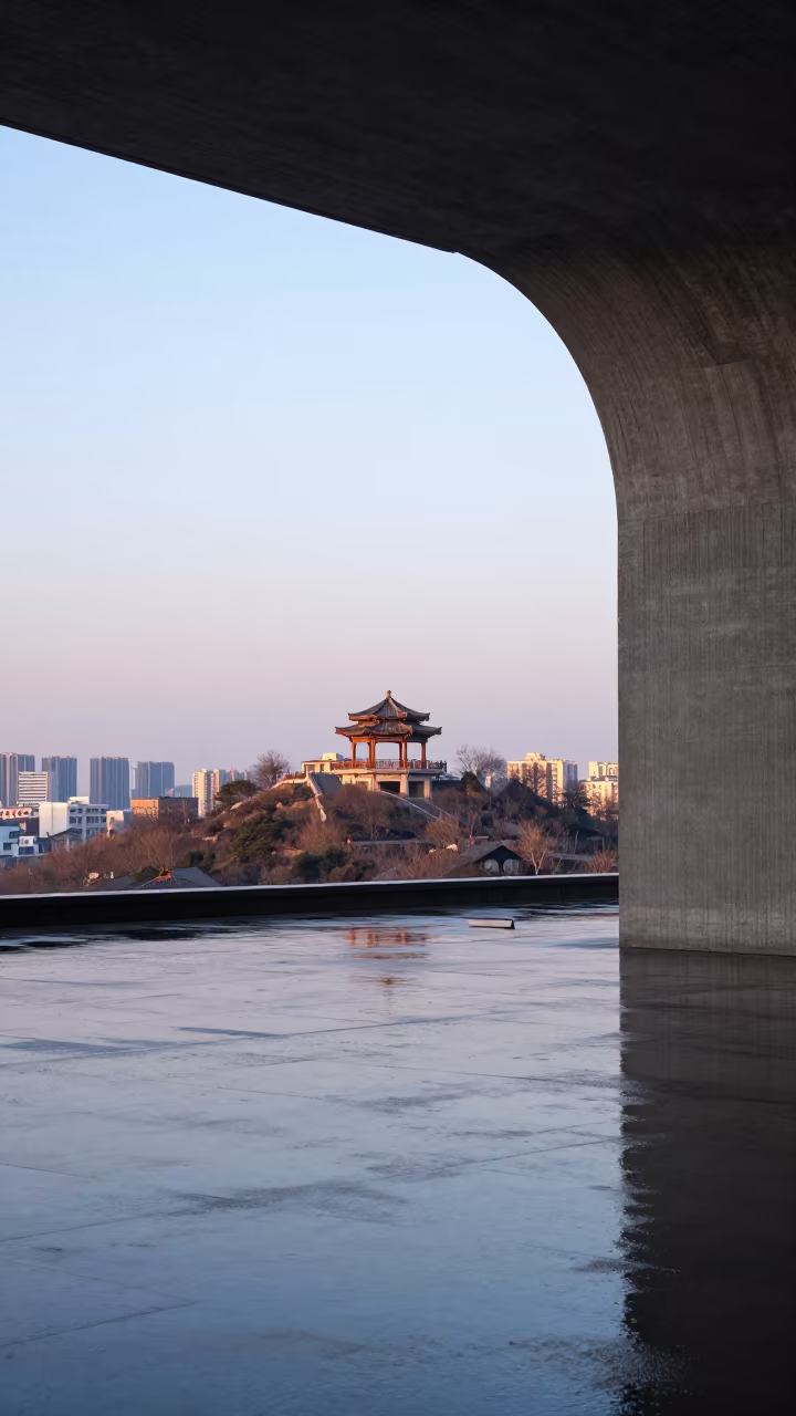 Twilight Timber Pavilion View from Xian Lobby in inside a ribbed concrete lobby in Xian